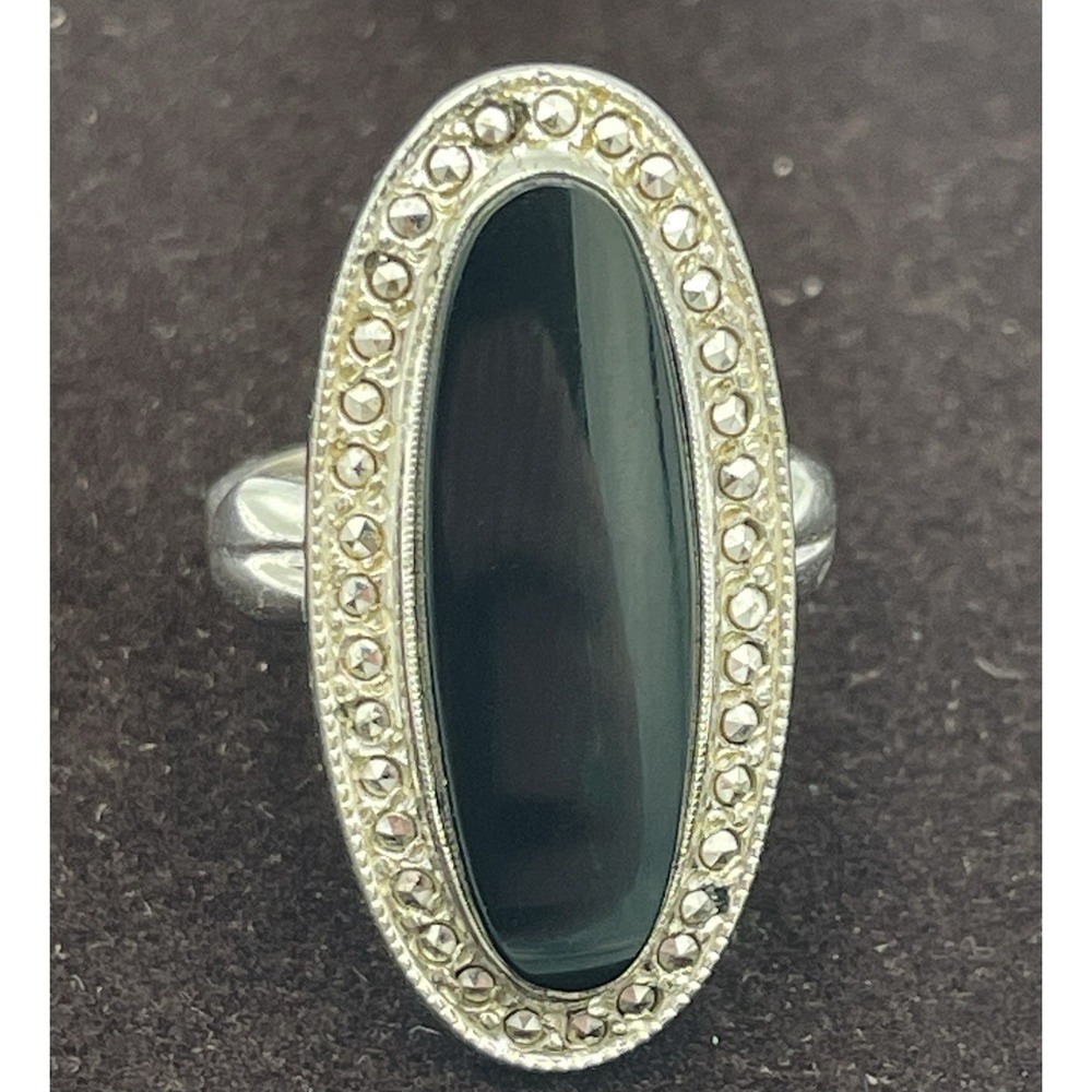 Art Deco STERLING SILVER 925 Theda Black Onyx Oval Cabochon Marcasite Ring Sz 5